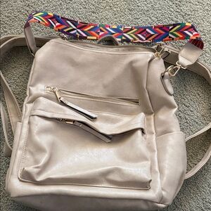 Stylish Cream Backpack with Colorful Strap
